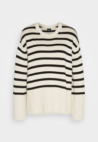 Gestreifter Pullover in Creme und Schwarz, mit gerippter Textur, rundem Ausschnitt und lockerer Passform. Lange Ärmel mit gerippten Bündchen.