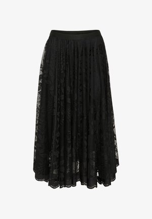 Fekete pliszírozott szoknya virágmintás csipkével borítva és sima derékrésszel. A dizájn textúrált megjelenéssel rendelkezik, fodros szegéllyel.