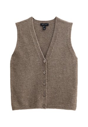 Braune gestrickte ärmellose Weste mit Knöpfen, V-Ausschnitt und gerippter Saum.