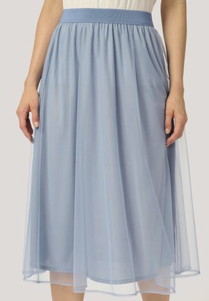 Light blue tulle skirt with a fitted waistband, featuring layered, flowing fabric and a soft, sheer texture, reaching knee length.