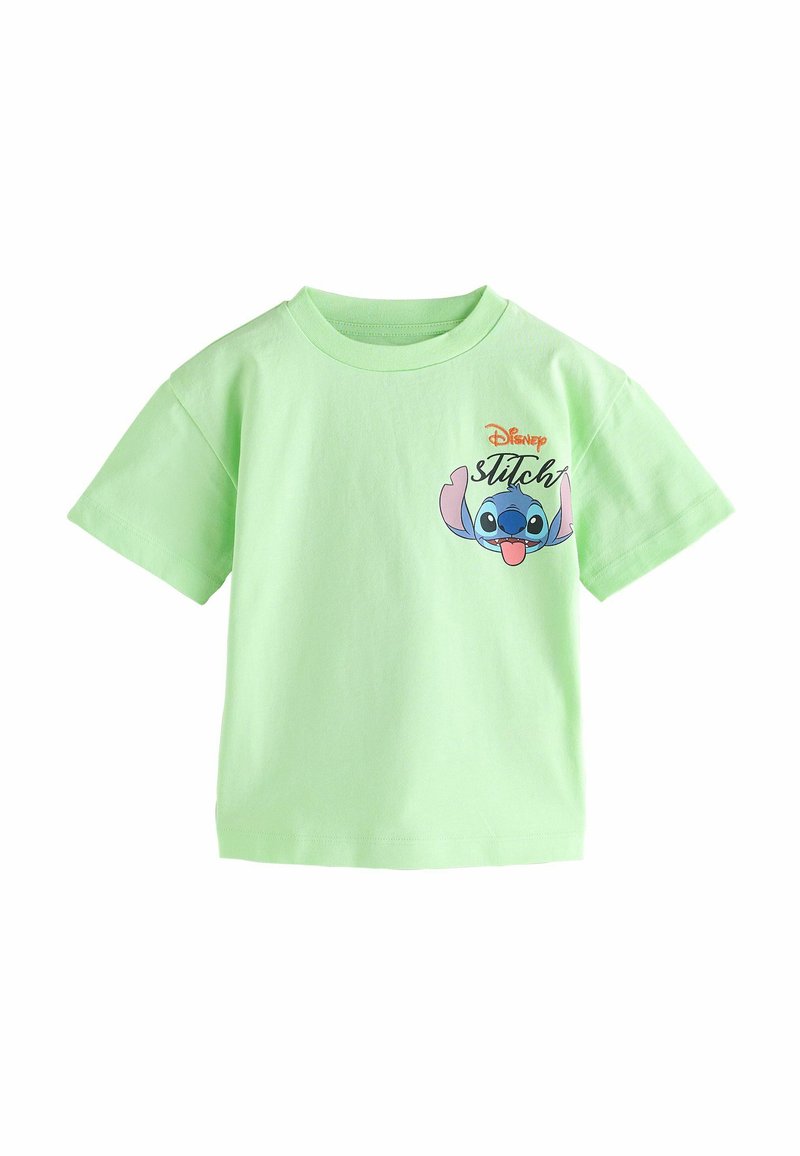 Grøn bomulds T-shirt med korte ærmer, der har et trykt billede af Stitch og teksten "Disney Stitch" i kontrastfarver.