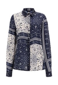 Chemise à manches longues boutonnée avec un imprimé cachemire bleu marine et crème, design partagé et motifs contrastés de chaque côté.