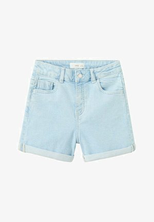 Shorts en denim bleu clair avec ourlets retroussés, bouton à l'avant, passants de ceinture et conception à cinq poches incluant une petite poche à monnaie.
