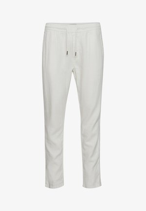 Weiße Leinenhose mit lockerer Passform, ausgestattet mit einem elastischen Bund und einer Kordelzugverschluss. Glatte Textur ohne sichtbare Muster.