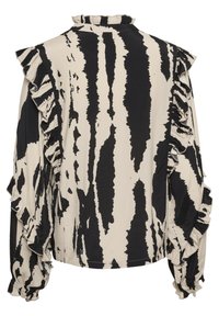 Blusa nera e crema con maniche a volant, caratterizzata da un audace motivo a strisce astratte. Tessuto morbido, taglio dritto e collo alto.