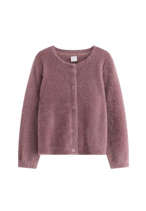 Flauschige pinke Strickjacke mit runder Halslinie, langen Ärmeln und Vorderknopfverschluss. Weiche Textur mit fünf passenden Knöpfen an der Vorderseite.
