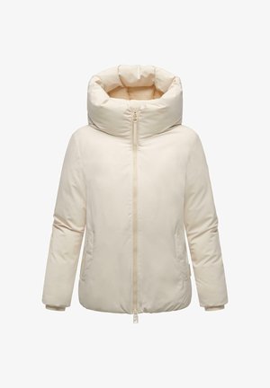 Jachetă de iarnă îmblănită de culoare crem, cu guler înalt, fermoar frontal complet și buzunare laterale.