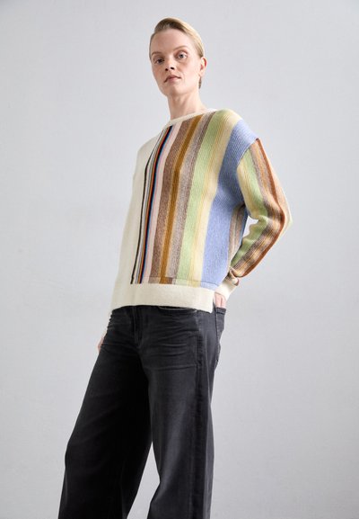 Knit sweater with multicolored vertical stripes in cream, blue, green, brown. Offers a relaxed fit with ribbed hems and long sleeves.