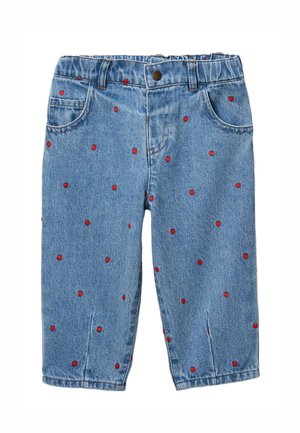 Pantalon en denim bleu pour tout-petit avec taille élastique et petits motifs de cœurs rouges brodés éparpillés partout.