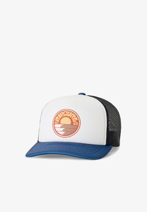 Witte en blauwe truckerpet met een zwarte mesh achterkant en een ronde oranje Rip Curl-logo met golven en een zonsondergang op het voorpaneel.
