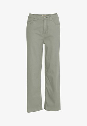 Jeans droits vert clair en denim. Dotés de poches avant, d'une fermeture à bouton et de coutures discrètes. Design minimaliste, sans motifs.