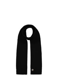 Sciarpa nera in lana lavorata a maglia con estremità a costine. Presenta una toppa rotonda con logo. Design lungo e piatto. Tessuto morbido, adatto per il freddo.