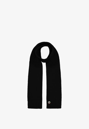 Zwarte wollen gebreide sjaal met ribbeluiteinden. Voorzien van een rond logo-embleem. Lange en platte vormgeving. Zachte textuur, geschikt voor koud weer.