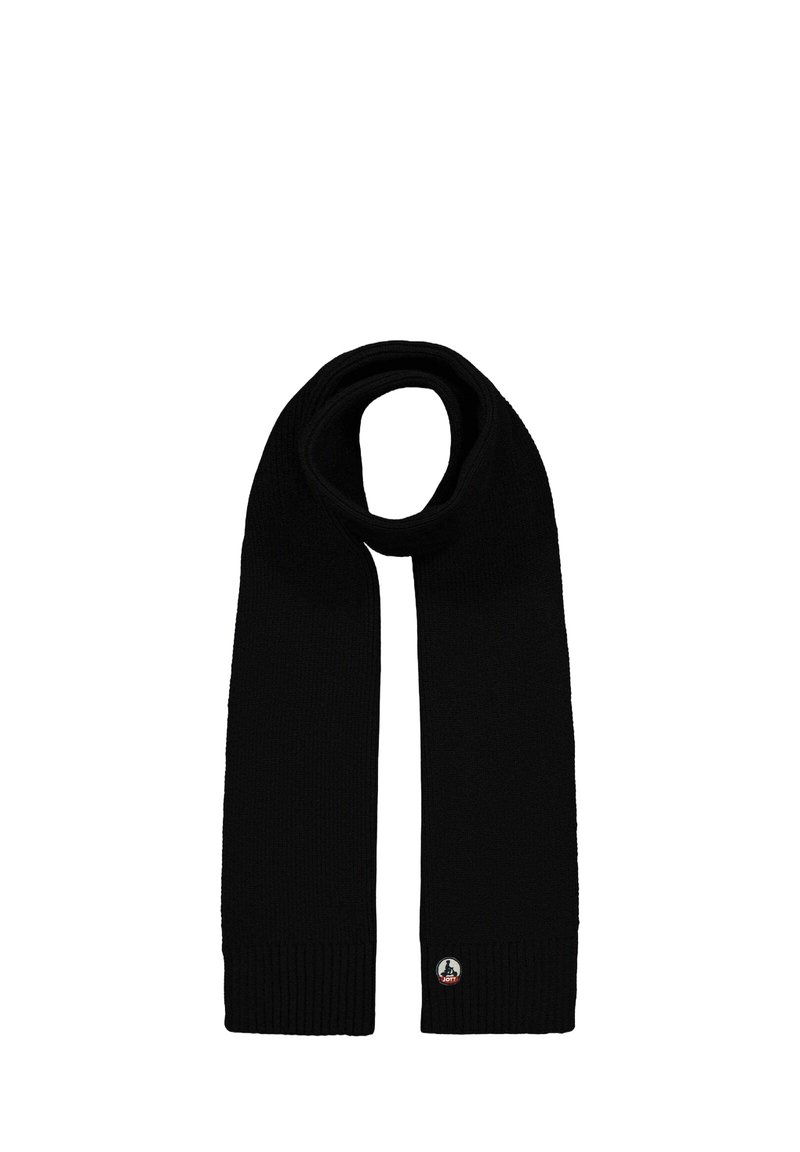 Sciarpa nera in lana lavorata a maglia con estremità a costine. Presenta una toppa rotonda con logo. Design lungo e piatto. Tessuto morbido, adatto per il freddo.