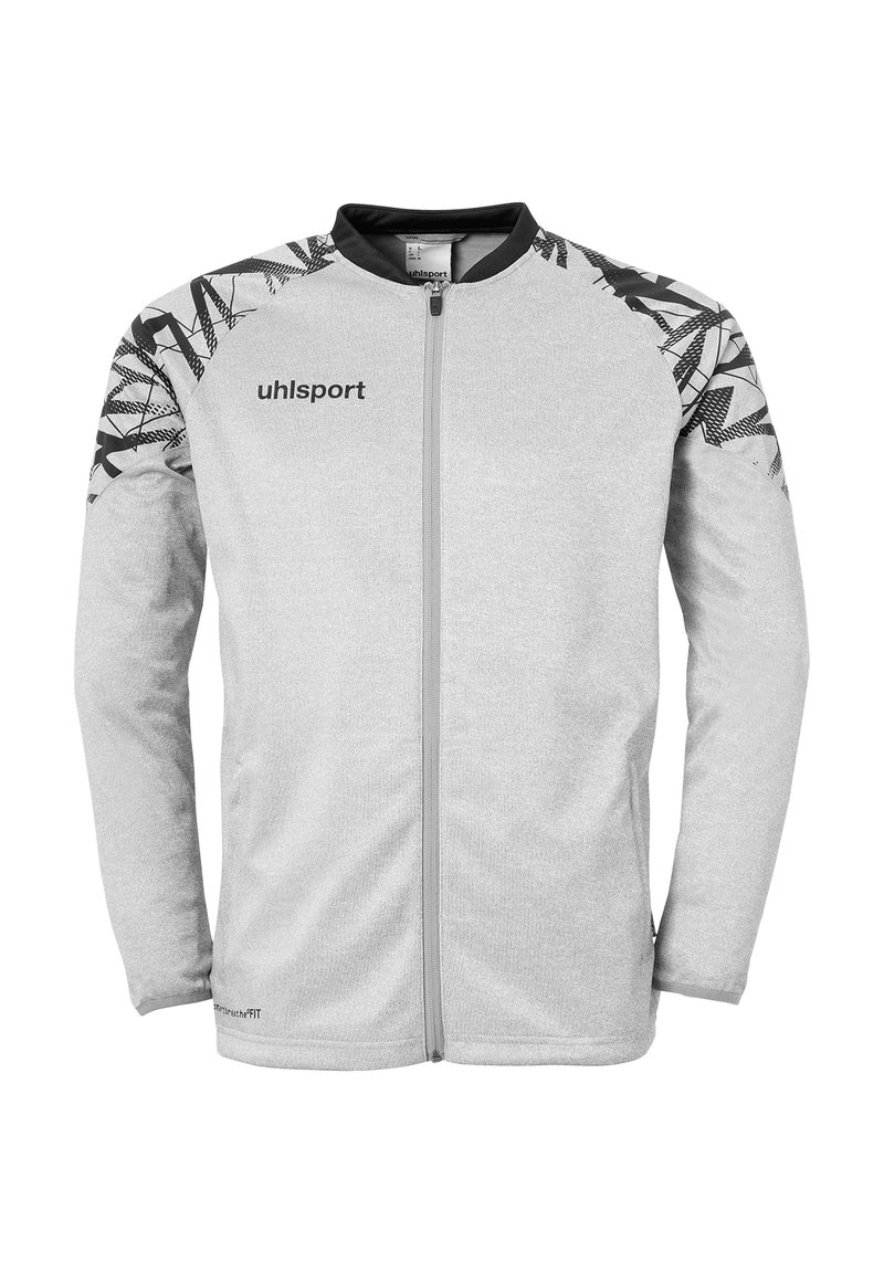 Chaqueta gris con cremallera y acentos en negro, que presenta un patrón geométrico en los hombros y el logo "uhlsport" en el lado izquierdo del pecho. Tejido suave.