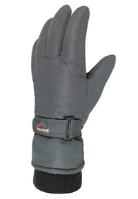 Graue isolierte Handschuhe mit einem gerippten schwarzen Handgelenkband und verstellbarem Riemen. Glattes Außenmaterial mit genähten Details.