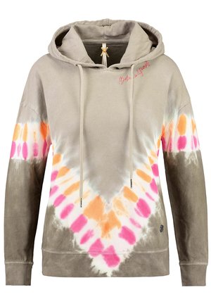 Beżowa bluza z kapturem z różowo-pomarańczowo-białym wzorem tie-dye na rękawach i przodzie, sznurki oraz napis „Uwierz w siebie” w pobliżu kołnierza.