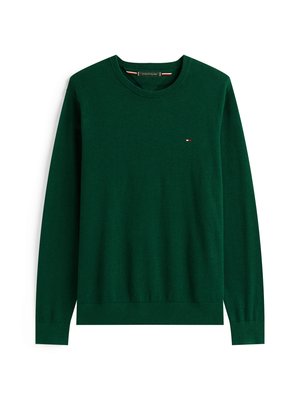 Sweater verde de gola redonda, feito de um tecido de malha suave. Apresenta mangas compridas, punhos canelados e um pequeno logótipo no lado esquerdo do peito.