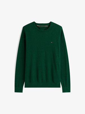 Pull à col rond vert en tissu tricoté doux. Il a des manches longues, des poignets côtelés et un petit logo sur la poitrine gauche.