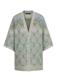 Cardigan leggero e lavorato a maglia in tonalità di verde, rosa e blu. Presenta maniche corte, scollatura a V e cinque bottoni. Bordo decorativo lungo i profili.