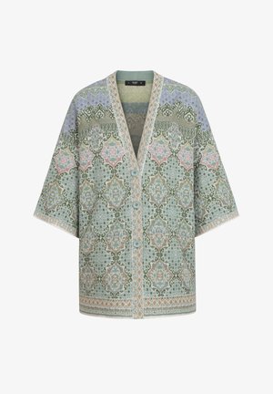 Lichte, gebreide cardigan met een patroon in groene, roze en blauwe tinten. Beschikt over korte mouwen, een V-hals en vijf knopen. Decoratieve rand langs de randen.