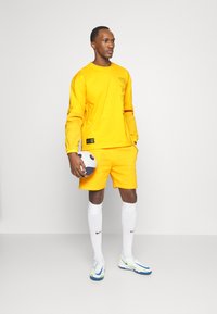Lys gul langærmet skjorte med grafiske prints, matchende shorts og knæhøje hvide strømper. Holder på en fodbold, blå detaljer på skoene.