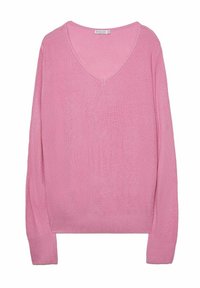 Pull rose à col en V en maille fine avec manches longues et poignets côtelés. Conçu pour une coupe décontractée avec un ourlet droit.
