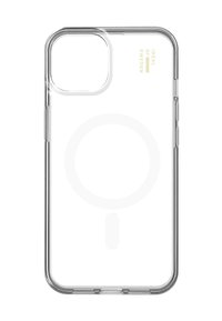 Clear phone case with rounded corners, MagSafe compatibility, lightweight plastic material, no visible patterns, features embossed branding.