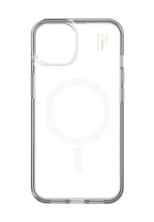 Clear phone case with rounded corners, MagSafe compatibility, lightweight plastic material, no visible patterns, features embossed branding.