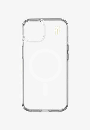 Prozirna futrola za telefon s zaobljenim uglovima, kompatibilna s MagSafe, lagani plastični materijal, bez vidljivih uzoraka, s reljefnim brendiranjem.