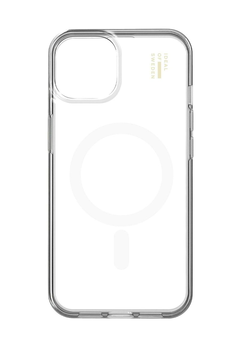 Clear phone case with rounded corners, MagSafe compatibility, lightweight plastic material, no visible patterns, features embossed branding.