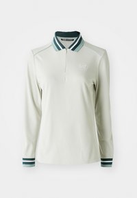 Lichtgrijze poloshirt met lange mouwen, blauwe gestreepte kraag en manchetten, een ritssluiting aan de voorkant en een wit EA7 Emporio Armani-logo op de borst.