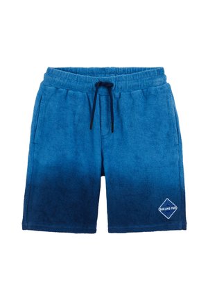 Niebieskie szorty z froty z elastycznym paskiem i granatowym sznurkiem, bocznymi kieszeniami oraz naszywką "Sun and Fun" na dolnej lewej nogawce.