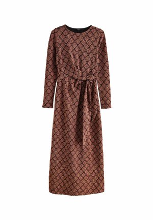 Langärmliges Kleid aus dunkelbraunem Stoff mit geometrischem Muster in Gold und Rost. Taillierter Bund und runder Ausschnitt.