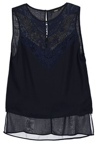 Blouse sans manches bleu marine avec un plastron en dentelle à motifs floraux, un dos transparent et un ourlet arrière plus long. Tissu lisse avec une coupe décontractée.