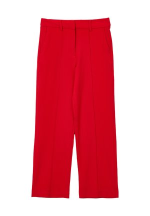 Rote maßgeschneiderte Hose, Polyester-Mischung, weit geschnittenes Design, verfügt über zwei seitliche Taschen, flacher Bund mit genähten Details, glatte Textur.