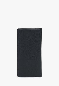 Black leather wallet with pebbled texture, rectangular shape, and rounded corners; smooth edges and no visible hardware or accents.