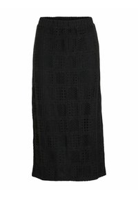 Falda midi de punto negra con un patrón de cuadrícula texturizado, cinturilla elástica y longitud por debajo de la rodilla para una silueta estilizada.