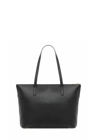 Czarna skórzana torba na ramię o fakturze przypominającej kamyk, z dwoma solidnymi ramiączkami, zamknięciem na zamek oraz drobnymi złotymi akcentami.