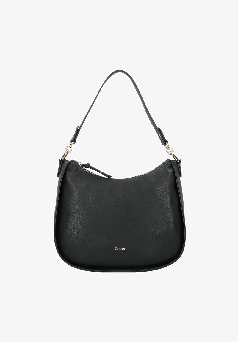 Sac à bandoulière en cuir noir avec une seule sangle, une fermeture éclair argentée et un petit logo doré "Gabor" au centre devant.