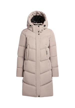Beige puffatakki, jossa on irrotettava huppu, etuvetoketju ja neppari, tyynytetty pinta ja geometrinen tikattu kuvio.