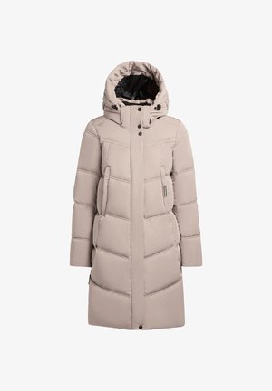 Manteau en duvet beige avec une capuche amovible, fermeture éclair à l'avant et patte de boutonnage, texture rembourrée et motif géométrique en piqué.