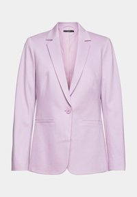 Blazer lilas avec une fermeture à un seul bouton, des revers crantés et deux poches avant; fabriqué en tissu lisse avec un design épuré et ajusté.