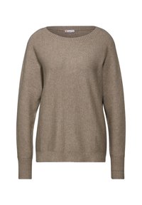 Beiger Strickpullover mit weit ausgeschnittenem Rundhalsausschnitt, langen Ärmeln und gerippten Bündchen. Weiche Textur und lässige Passform, ideal zum Layering.