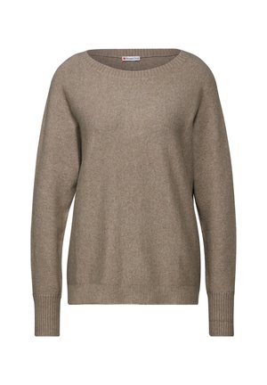 Beige gebreide trui met een brede halslijn, lange mouwen en geribbelde manchetten. Zachte textuur en casual pasvorm, geschikt voor lagen.