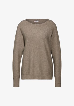 Beige gebreide trui met een brede halslijn, lange mouwen en geribbelde manchetten. Zachte textuur en casual pasvorm, geschikt voor lagen.
