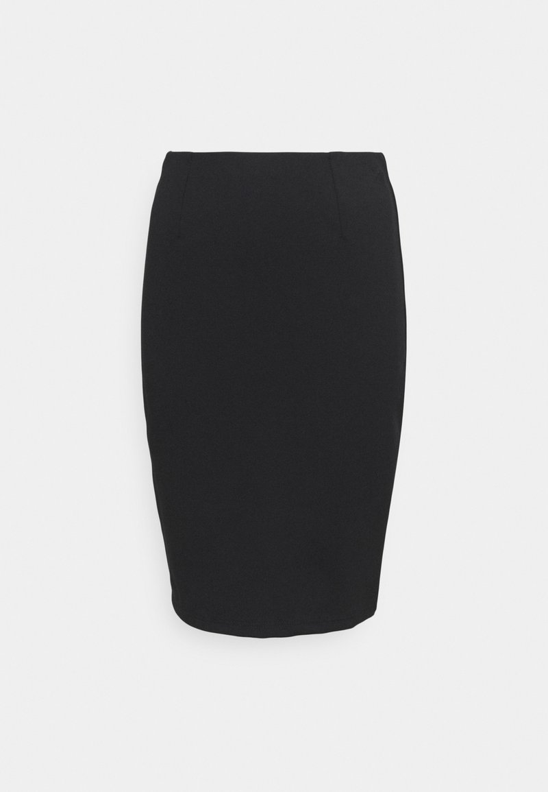 Černá tužková sukně s přiléhavým střihem, vykazující hladkou texturu, čisté linie a jemné detaily předního švu, navržená pro elegantní siluetu.