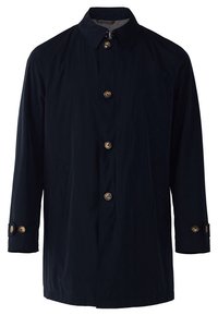 Navy waterproof coat featuring a collar, five brass buttons, and side pockets. Smooth texture with long sleeves and buttoned cuffs.
