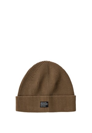 Brown ribbed knit beanie hat with folded cuff and small rectangular black label on front center.