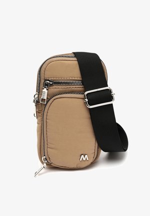 Beige nylon crossbody bag with two zippered compartments, black adjustable strap, and silver hardware. Features a textured, padded surface.